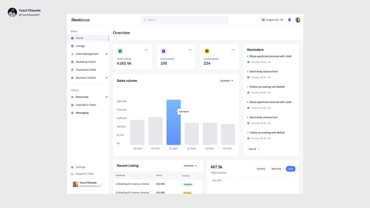 I designed the agent dashboard to help agents track listings and deals, monitor sales volume, and manage clients and revenue effortlessly
