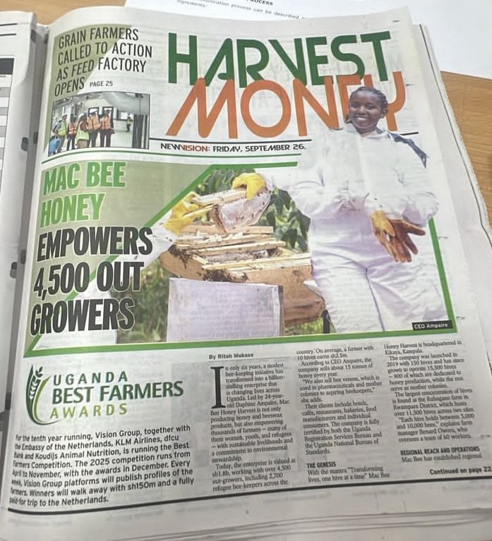 Sweet News! 🍯🐝
Mac Bee Honey is featured in Harvest Money for empowering 4,500+ out-growers across Uganda. 🌍✨
Beekeeping is more than honey — it’s jobs, livelihoods &amp; community. 💛

#MacBeeHoney #HoneyForChange #BeekeepingUganda
#Harvestmoneyexpo