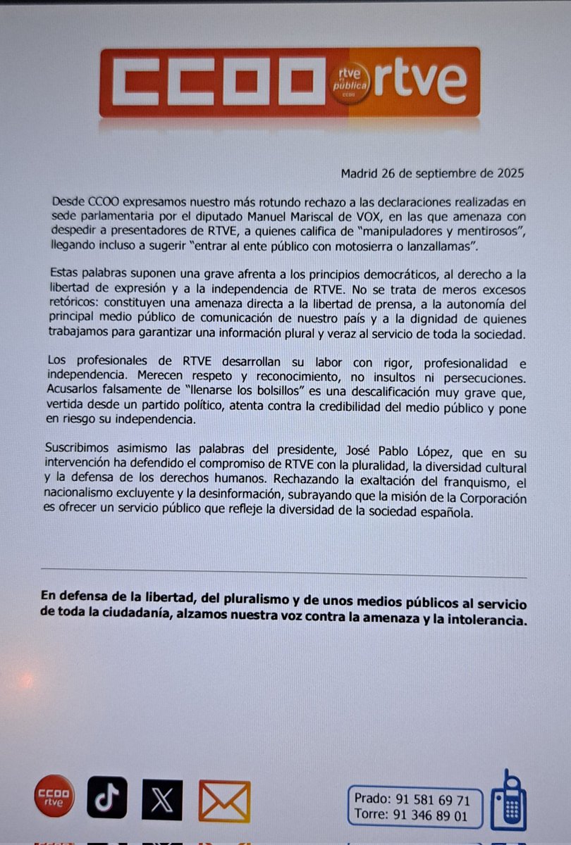Defendemos la libertad y el pluralismo de los medios públicos al servicio de la ciudadanía. Contra las amenazas y la intolerancia de Vox, los profesionales de RTVE  responden con rigor y veracidad.
