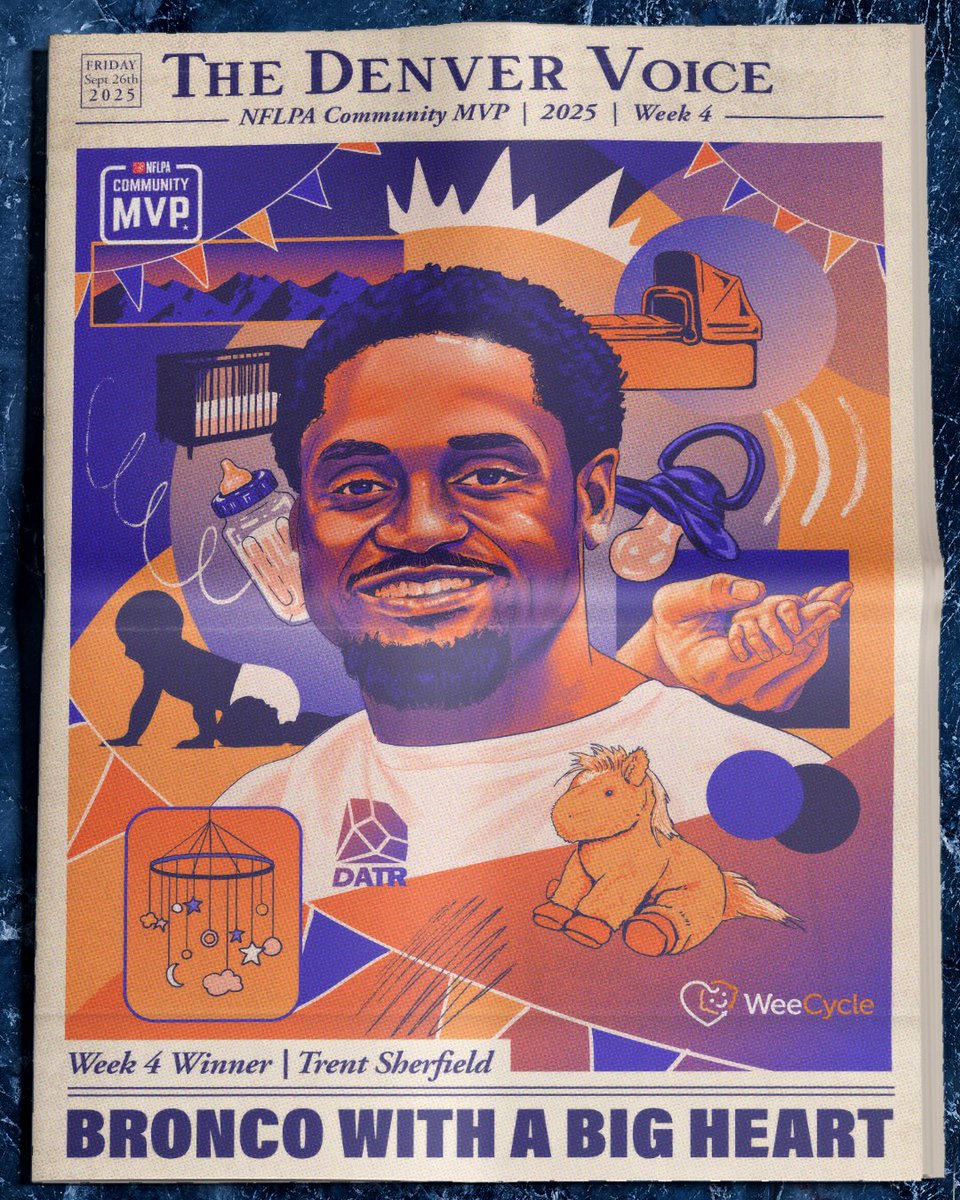 NFLPA's tweet image. Major congrats to the Week 4 #CommunityMVP Trent Sherfield. He joined forces with WeeCycle to serve Denver families in need. Alongside his wife and children, the Broncos WR passed out diapers, wipes, and baby food to their community. 💙

🔗 nflpa.com/press/denvers-…