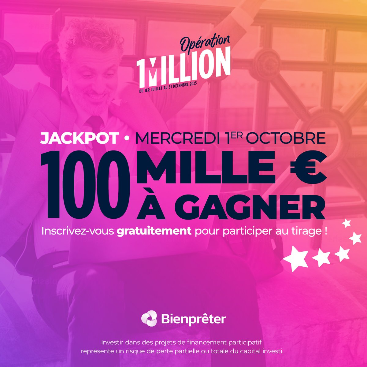bienpreter's tweet image. 🎁 100 000 € mis en jeu mercredi prochain !

481 personnes tirées au sort → des lots à gagner de 100 € à 10 000 €.
Participation 100 % gratuite, aucun investissement requis.

Créez un compte Bienprêter &amp;amp; tentez votre chance !