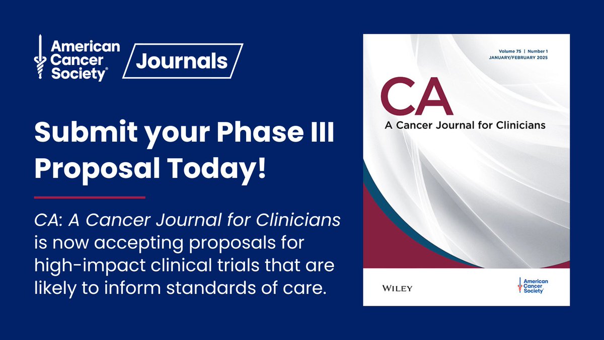 CA: A Cancer Journal for Clinicians (@cacancerjournal) on Twitter photo Submit your phase 3 trials to CA for rapid review and publication! As the highest ranking impact factor journal among oncology titles, CA aims to provide study teams access to as broad a readership as possible without restrictive pay walls.
More info:
acsjournals.onlinelibrary.wiley.com/hub/journal/15… Submit your phase 3 trials to CA for rapid review and publication! As the highest ranking impact factor journal among oncology titles, CA aims to provide study teams access to as broad a readership as possible without restrictive pay walls.
More info:
acsjournals.onlinelibrary.wiley.com/hub/journal/15…