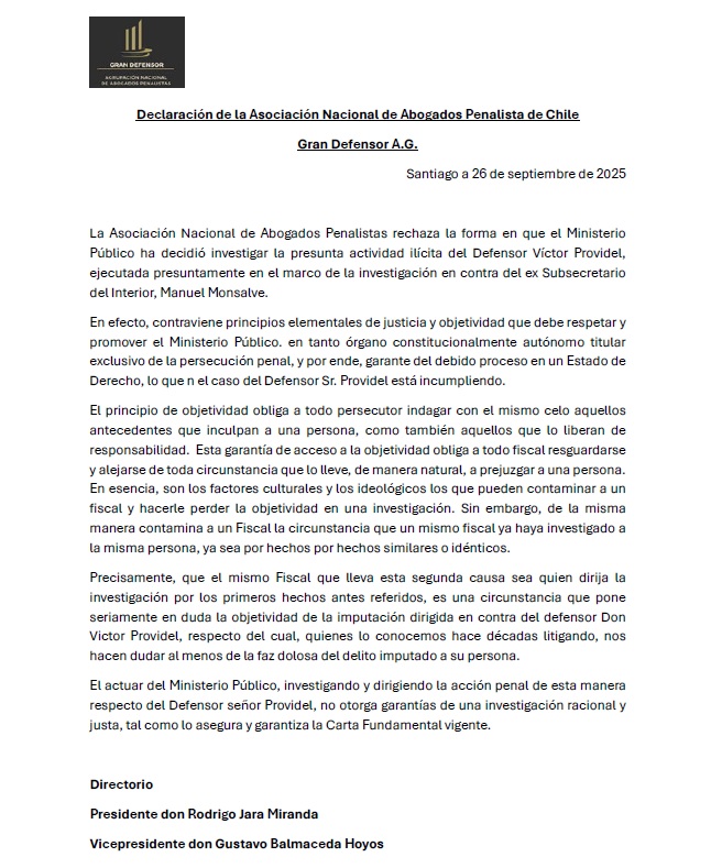 Nuestro gremio #GranDefensor manifiesta su respaldo a nuestro colega don Víctor Providel.