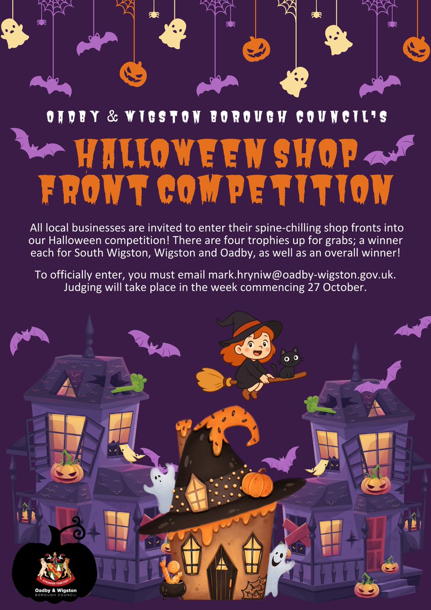 🎃 It's shop front competition time again - all local businesses are invited to enter their Halloween horrors!

👻 To enter please email mark.hryniw@oadby-wigston.gov.uk.

🦇 Judging will take place in the week commencing Monday 27 October, with a trophy each for Oadby, Wigston