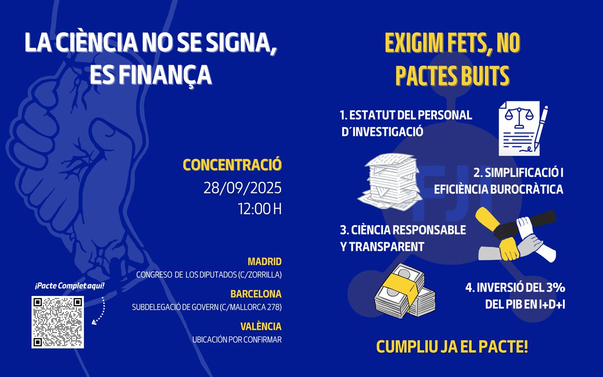 DocsLluita's tweet image. 📢 La ciència no es signa, es finança.

Aquest diumenge sortim al carrer per exigir compromisos reals amb la recerca!

📍 Subdelegació de Govern (c/ Mallorca 278)