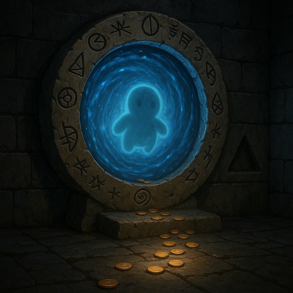 In the quiet dark, a Soul waited, floating. Ancient elemental runes of untold power and mystery were deeply inscribed in the stone portal. It looked trapped.