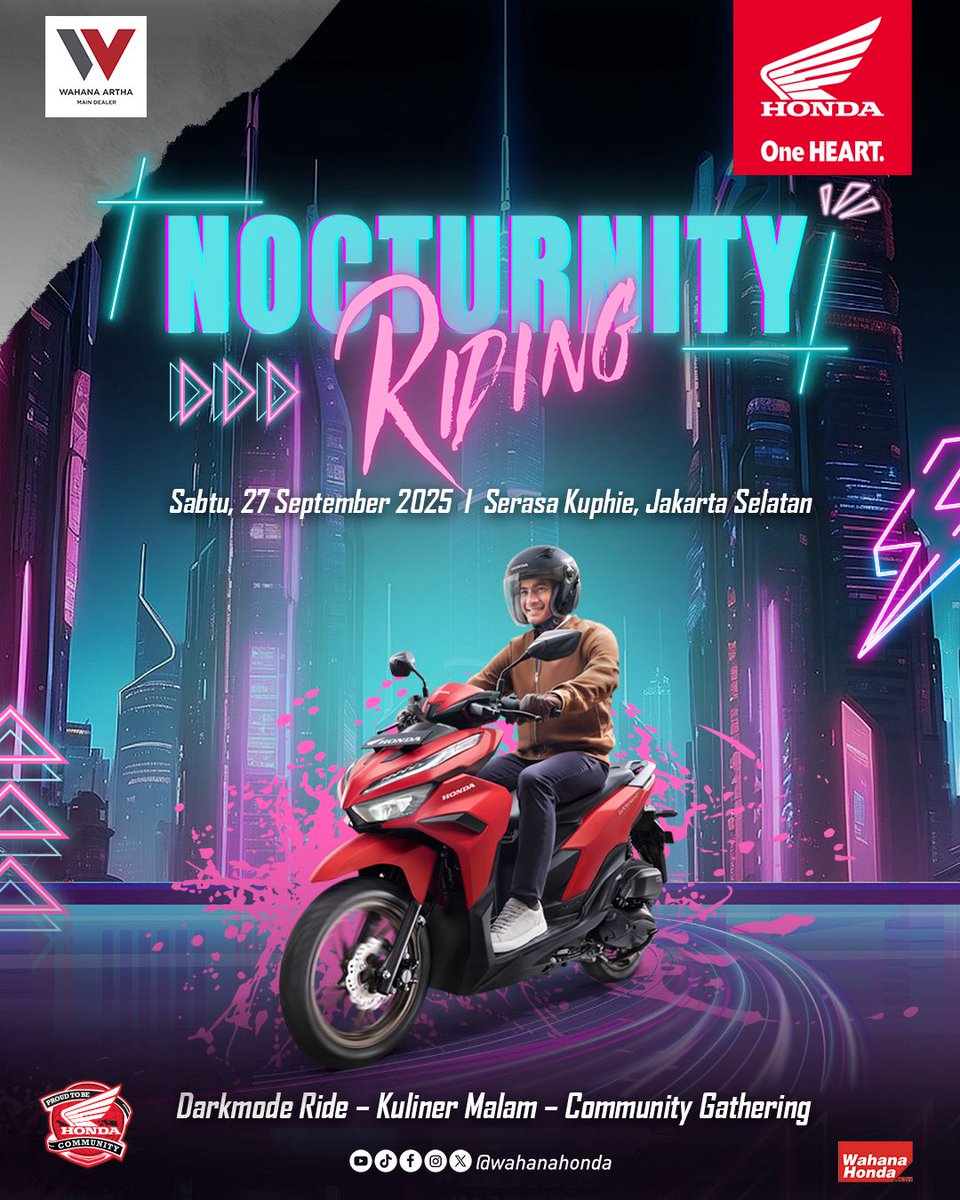 •••
IT'S TIME TO‼️

NOCTURNITY RIDING
ASOSIASI HONDA JAKARTA x HVC JAKARTA❤️‍🔥

SEE YOU ON THE PIT🛠️ :
📅 : Sabtu malam Minggu, 27 September 2025
⏰ : 21:00 WIB - Ngantuk
📍 : Serasa Kuphie, Jakarta Selatan

⚠️Keep Safety Riding &amp; Safety Gear⚠️

Absolute Brotherhood ✊🏻