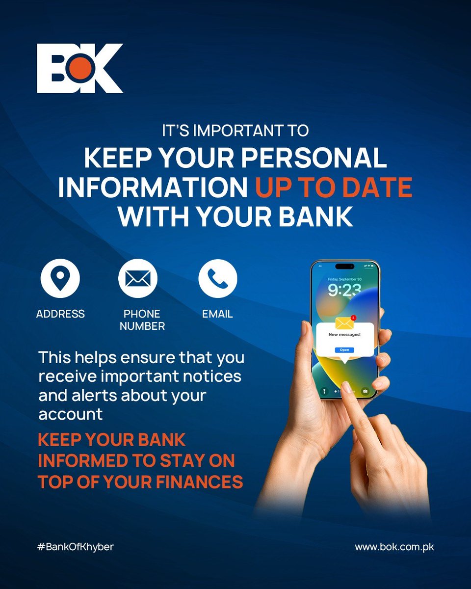 TheBankofKhyber's tweet image. Keep your personal information up to date with your bank.
It ensures you receive important alerts, updates, and account notifications without delay. Stay informed. Stay in control.

#StayConnected #BoK #AccountSecurity #BankOfKhyber #FinancialLiteracy #NFLP