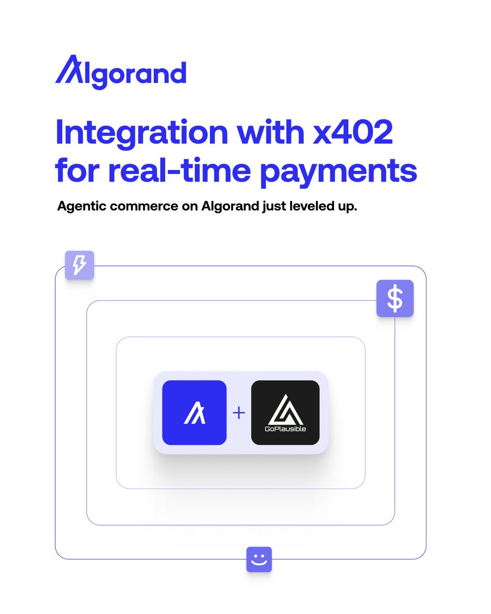 AlgoFoundation's tweet image. The future of agentic commerce on Algorand just leveled up.
X402, the universal protocol for real-time payments, now has full Algorand integration, built with @GoPlausible.
Seamless. Secure. Autonomous.
Billions of AI agents will need rails. We’re building them.