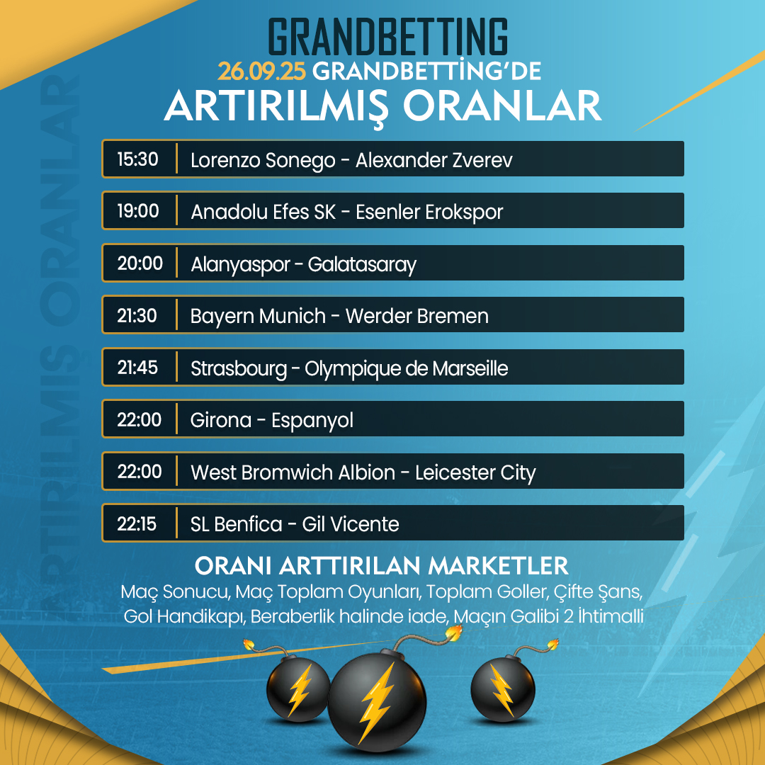 BU ORANLAR KAÇMAZ! 🔥

⚡️Günün maçlarına yüksek oran fırsatıyla kazancınızı GrandBetting'de arttırın!

Tüm spor müsabakalarına yüksek oran ve yüksek heyecan garantisi GrandBetting'de!

Deneyin, farkı hissedin...🥂