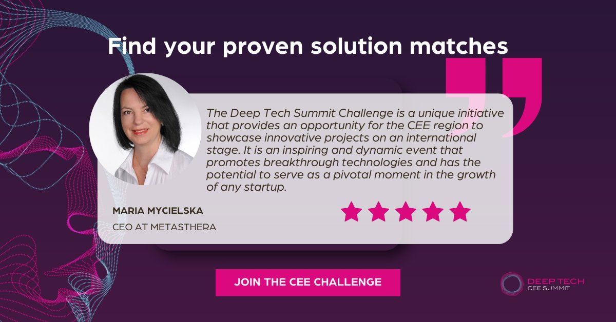 DeepTechCEE's tweet image. Meet Maria, founder of Metasthera! 
She calls Deep Tech Summit Challenge “a pivotal moment,” connecting startups with experts, investors &amp;amp; partners.

🚀 Want to fuel your startup with deals?
Join Deep Tech CEE Summit 2025!
📅 Oct 27–28
📍 Warsaw
deeptechsummit.eu/tickets/