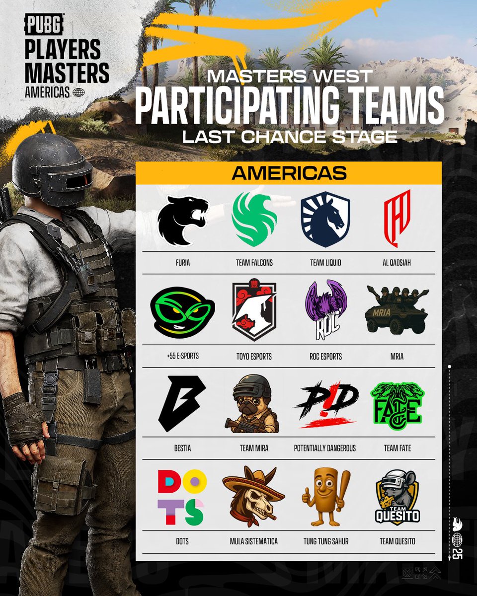 PUBGEsportsWest's tweet image. Your Masters West – Last Chance Americas squads are locked in! 🔥

This is it - the final shot at the qualification to the ultimate TPP crown. No second chances, no holding back. 🚀
The line-up is stacked 💪 … see you this weekend!