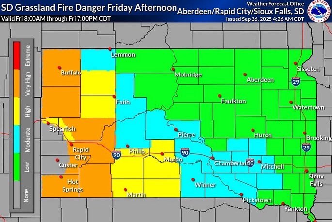Fire danger in western SD is forecast to increase dramatically today (Fri 9.26.25).
Map shows counties with HIGH to VERY HIGH fire danger today.
Dry fuels, warm temps and gusty afternoon winds. Use caution not to cause a spark outside during this time. If you see a fire call 911.