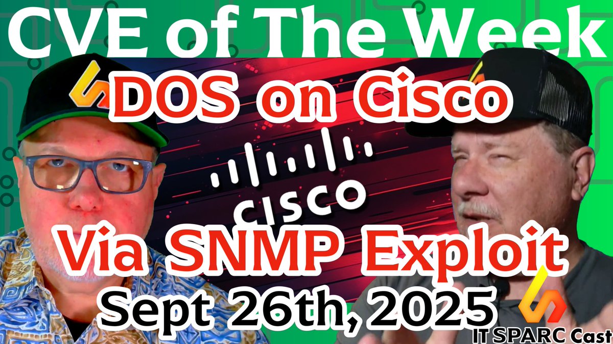 ITSPARCCast's tweet image. In this episode of IT SPARC Cast - CVE of The Week, @john_Video and @loudoggeek break down CVE-2025-20352, a serious SNMP vulnerability impacting Cisco’s IOS and IOS XE software. Rated CVSS 7.7, this flaw allows attackers with read-only SNMP credentials to crash your system—and…