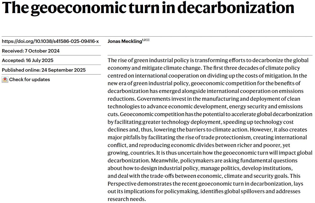🌍 New in <a href="/Nature/">nature</a>: The geoeconomic turn in decarbonization, with data from <a href="/juhreka13/">Reka Juhasz</a> et al. and <a href="/SimonEvenett/">Simon J. Evenett</a> et al. <a href="/UCBerkeley/">UC Berkeley</a> <a href="/NatureAtCal/">Berkeley Rausser College of Natural Resources</a> <a href="/HBSBiGS/">HBS Institute for Business in Global Society</a> nature.com/articles/s4158…