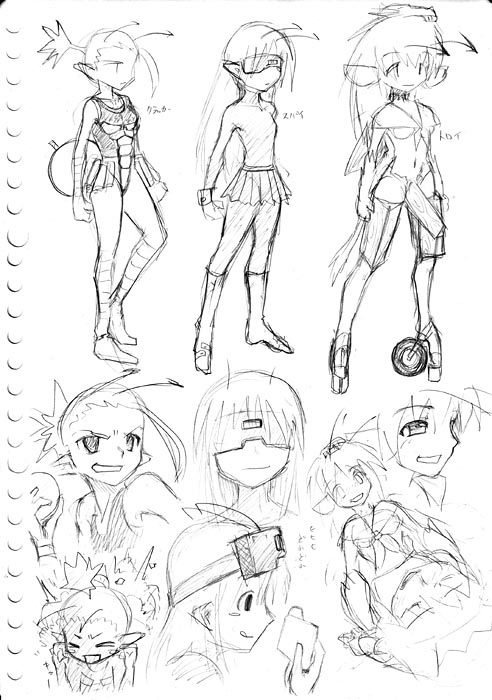 2004年のルーズリーフ落書き、デフォルメ絵、長身鬼ガール、擬人化OS攻撃用にデザインしたウイルス3人娘。 