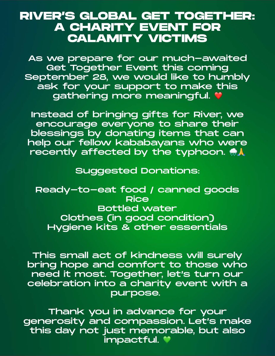RIVER’S GLOBAL GET TOGETHER: A CHARITY EVENT FOR CALAMITY VICTIMS

As we prepare for our much-awaited Get Together Event this coming September 28, we would like to humbly ask for your support to make this gathering more meaningful. ❤️