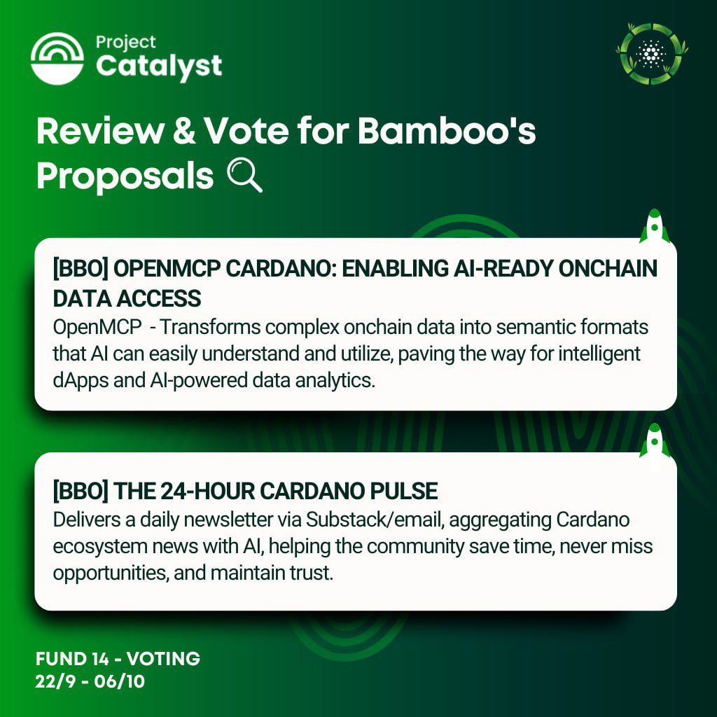 Annie_BBO (@minhlaphuongne) on Twitter photo 🌿 We are Bamboo Team! <a href="/BambooLabsXYZ/">Bamboo Labs</a>
We’re proud to bring 2️⃣ projects to Catalyst Fund 14.
We believe these projects will contribute to the growth of the Cardano ecosystem.
👉 Vote for us and support our journey! 🚀
<a href="/VietnamCardano/">Cardano Vietnam</a> <a href="/Cardano_CF/">Cardano Foundation</a> <a href="/Cardano/">Cardano Community</a> <a href="/Catalyst_onX/">Project Catalyst</a> 🌿 We are Bamboo Team! <a href="/BambooLabsXYZ/">Bamboo Labs</a>
We’re proud to bring 2️⃣ projects to Catalyst Fund 14.
We believe these projects will contribute to the growth of the Cardano ecosystem.
👉 Vote for us and support our journey! 🚀
<a href="/VietnamCardano/">Cardano Vietnam</a> <a href="/Cardano_CF/">Cardano Foundation</a> <a href="/Cardano/">Cardano Community</a> <a href="/Catalyst_onX/">Project Catalyst</a>