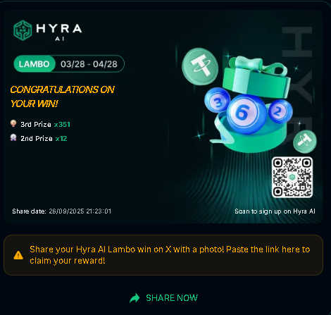 tuanleming's tweet photo. I just won a prize from Hyra Lambo Balls by @hyranetwork 🚀
3rd Prize x351 🎁 
2nd Prize x12 🎁 
So amazing! 🔥
 #HyraNetwork #HyraAI #HyraLambo #TrainAI2Earn https://t.co/lqmwn8HJpD