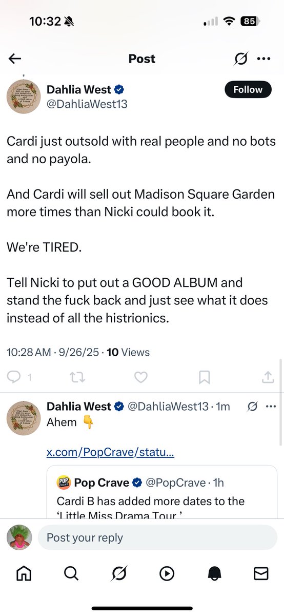 Tarquisha Maraj (@ttothe4thpowery) on Twitter photo You mean with Apple Music bots π desperate meet and greets, 20+ versions, adding 8 year old songs! tell Cardi to put out an album that people will actually stream. Itβs embarrassing for her she canβt even half of Nicki or dojaβs numbers 
Stupid bitch @<a href="/DahliaWest13/">Dahlia West</a> You mean with Apple Music bots π desperate meet and greets, 20+ versions, adding 8 year old songs! tell Cardi to put out an album that people will actually stream. Itβs embarrassing for her she canβt even half of Nicki or dojaβs numbers 
Stupid bitch @<a href="/DahliaWest13/">Dahlia West</a>