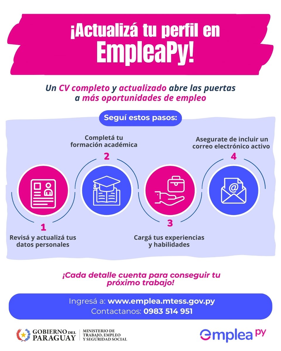 #EmpleaPy| ¿Ya actualizaste tus datos personales y profesionales en la plataforma pública de empleo?

💡Recordá que un currículum al día es tu mejor carta de presentación para acceder a nuevas oportunidades laborales.

Ingresá a 👉 emplea.mtess.gov.py y actualizá tu perfil,