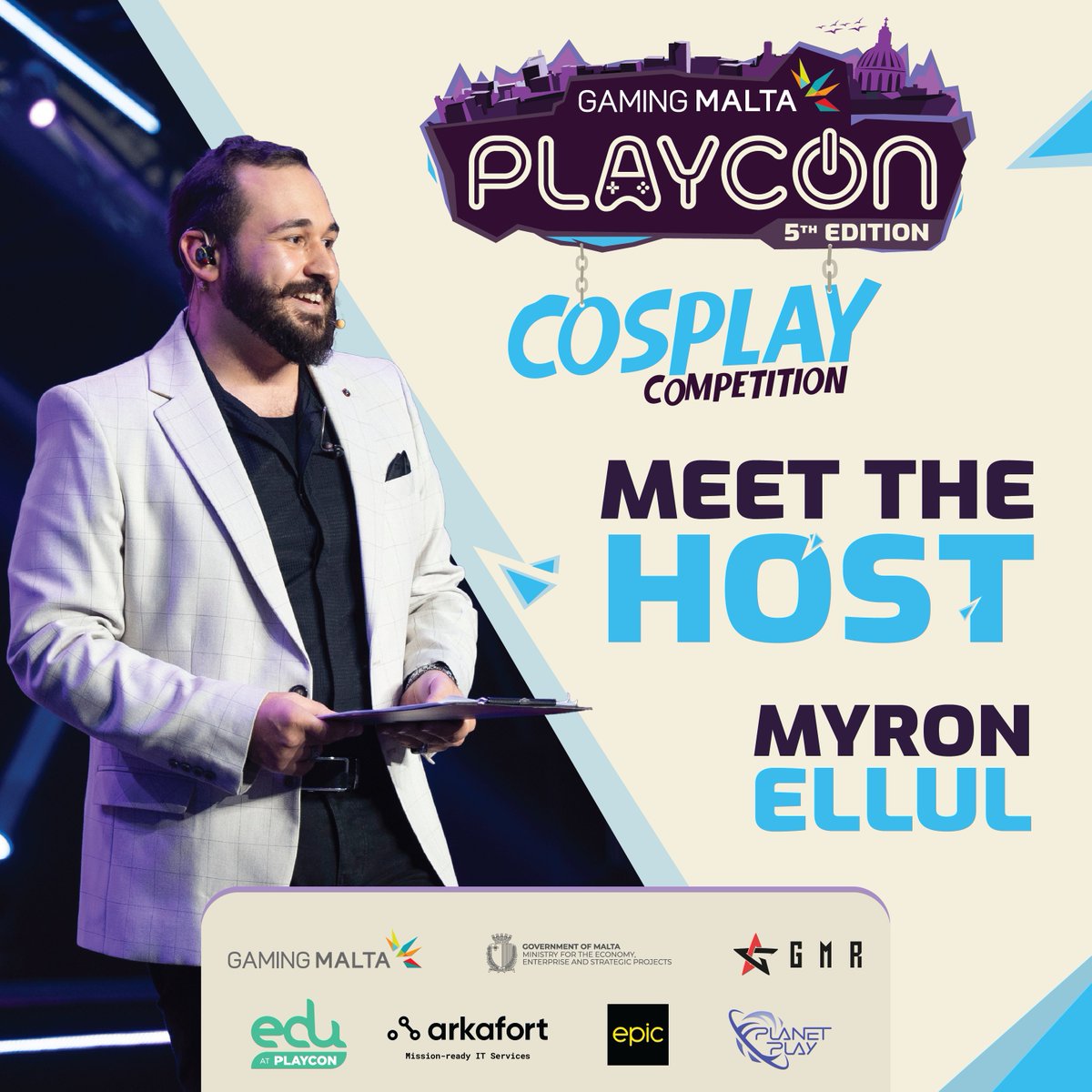 playconmt's tweet image. Exciting News! 💥

We’re thrilled to share that Myron Ellul will once again be hosting 🎤 the Cosplay Competition at PLAYCON 2025! 

🎟 Grab your FREE pass now at playcon.eu

#PLAYCON #PLAYCON2025 #Cosplay #CosplayCompeition