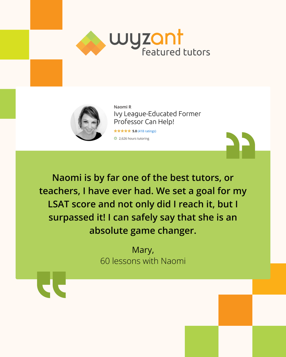 If you're ready to prep for the LSATs, connect with Naomi today. A practicing attorney with years of experience as a professor, Naomi's students praise her knowledge, patience, and ability to tailor each tutoring session so her students get great results. bit.ly/3JrtYfL
