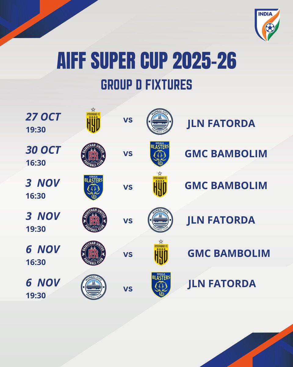Mark your dates for the #AIFFSuperCup Group Stages in Goa! 🗓️

#IndianFootball ⚽️
