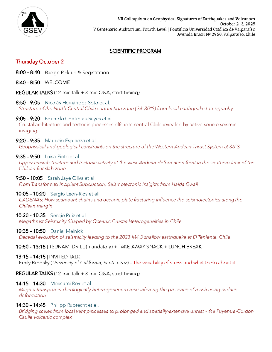 📢 October 2–3 in Valparaíso:

VII Colloquium on Geophysical Signatures of Earthquakes and Volcanoes (GSEV) 🌋🌊

Invited speakers
Emily Brodsky (<a href="/ucsc/">UC Santa Cruz</a>)
Kelin Wang (<a href="/NRCan/">Natural Resources</a>)

Full program 👇
 sites.google.com/view/gsev/prog…

✅ Free event — registration closing soon!

#GSEV #PUCV