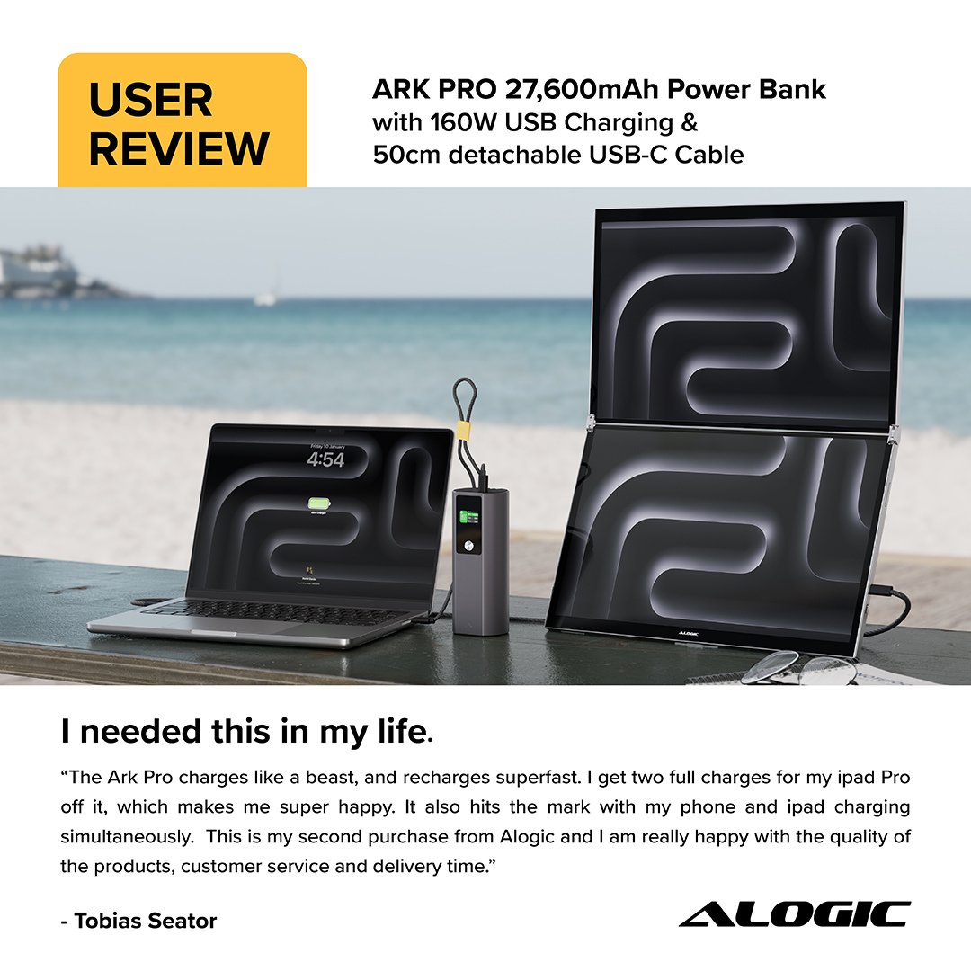 AlogicCorp's tweet image. ⚡ Power that goes the distance.
The ARK PRO 27,600mAh Power Bank delivers blazing-fast 160W USB-C charging — enough to keep your iPad Pro, laptop, and phone powered up anytime, anywhere.

Trusted by users. Built for pros. 🚀

🔗Shop now- bit.ly/4juuJSh

#ALOGIC #ARKPRO