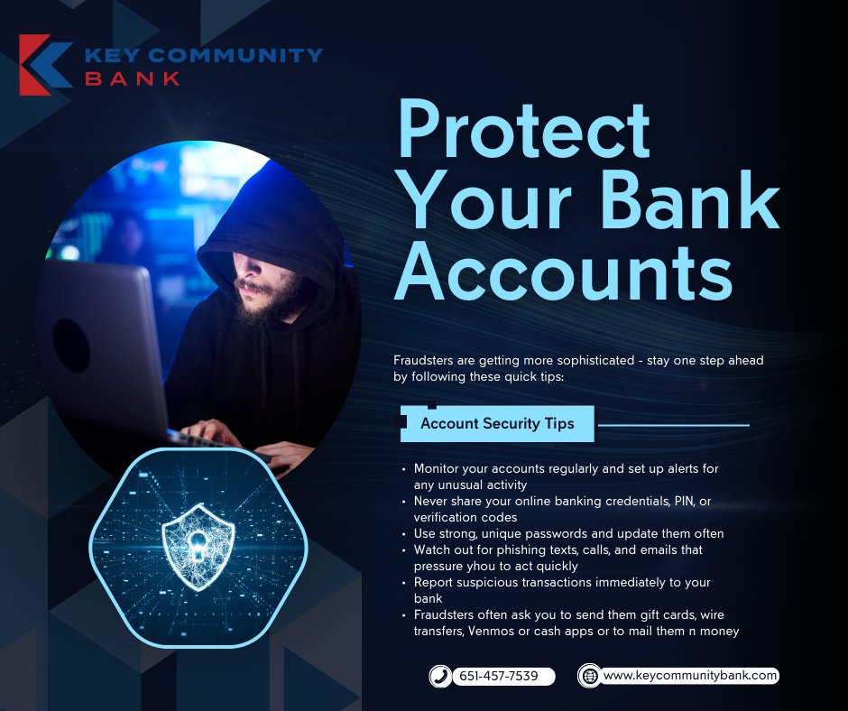 KeyCommunityIGH's tweet image. 🚨 Protect Your Bank Account from Fraud 🚨

Fraudsters are getting more sophisticated.

Your security is our priority—together, we can fight fraud! 

Questions? Just ask a member our team.💳🔐

#FraudPrevention #SafeBanking #ProtectYourMoney