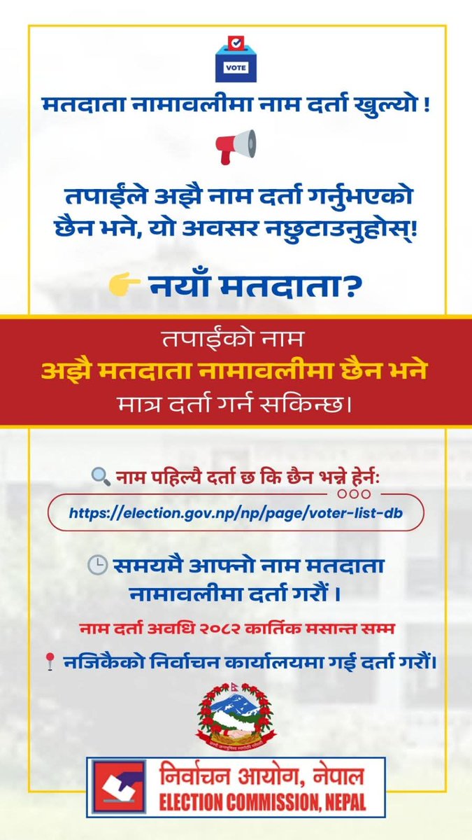 आफ्नो नाम मतदाता नामावलीमा भए/नभएको election.gov.np/np/page/voter-… बाट हेर्न सकिने छ ।
२०८२ कार्तिक  मसान्त सम्म नाम दर्ता गर्न सकिन्छ

applyvr.election.gov.np मार्फत Pre-Enrollment,  नामावलीमा रहेको त्रुटी सच्याउने तथा नामावली सार्ने सम्वन्धमा समेत सोहि प्रणाली बाट आवेदन दिन सक्नुहुनेछ