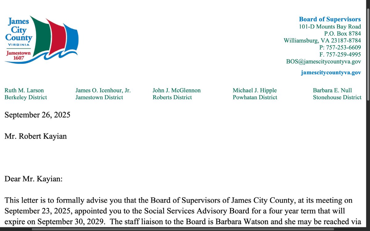 prpoints's tweet image. I am pleased to announce that I have been appointed by the James City County Board of Supervisors to the Advisory Board for Social Services for a four-year term.