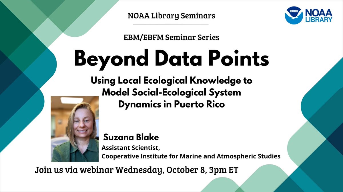 NOAA Library (@noaalibrary) on Twitter photo Join us October 8th at 3pm ET for our next EBM/EBFM seminar! 
Beyond Data Points: Using Local Ecological Knowledge to Model Social-Ecological System Dynamics in Puerto Rico
Register: vimeo.com/event/5409134 Join us October 8th at 3pm ET for our next EBM/EBFM seminar! 
Beyond Data Points: Using Local Ecological Knowledge to Model Social-Ecological System Dynamics in Puerto Rico
Register: vimeo.com/event/5409134