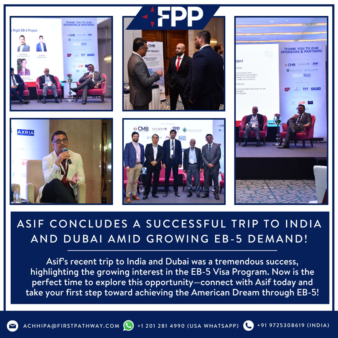 FirstPathway (@firstpathway) on Twitter photo FPP’s Asif Chhipa has just wrapped up a successful visit to India and Dubai, where he connected with prospective investors and partners to share insights on the EB-5 Immigrant Investor Program.
Connect with Asif to learn more: achhipa@firstpathway.com | +91 9725308619
#EB5 FPP’s Asif Chhipa has just wrapped up a successful visit to India and Dubai, where he connected with prospective investors and partners to share insights on the EB-5 Immigrant Investor Program.
Connect with Asif to learn more: achhipa@firstpathway.com | +91 9725308619
#EB5