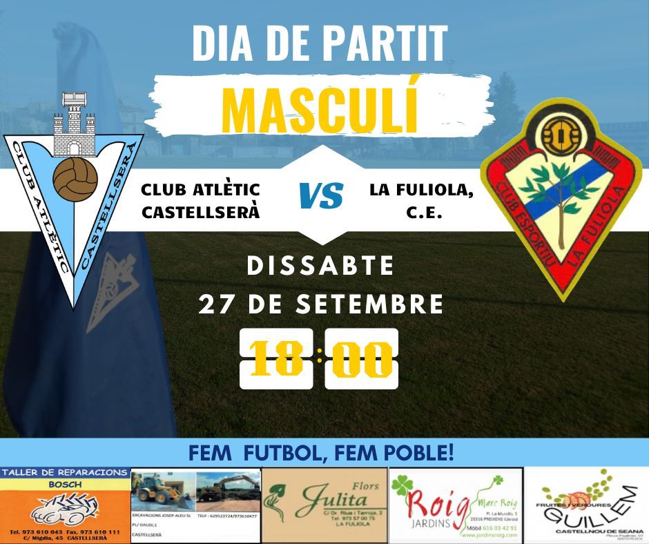 Club Atlètic Castellserà (@catcastellsera) on Twitter photo Demà dissabte a les 18h jugarem el primer partit a casa de la lliga.
Ens enfrontarem als nostres veïns de <a href="/cefuliolaiboldu/">CE Fuliola i Boldu</a> en el que serà un duel vibrant, reeditant la final de #copaUrgell de fa 2 setmanes.
Us esperem al camp per donar-nos el màxim suport!!
#3cat15 Demà dissabte a les 18h jugarem el primer partit a casa de la lliga.
Ens enfrontarem als nostres veïns de <a href="/cefuliolaiboldu/">CE Fuliola i Boldu</a> en el que serà un duel vibrant, reeditant la final de #copaUrgell de fa 2 setmanes.
Us esperem al camp per donar-nos el màxim suport!!
#3cat15