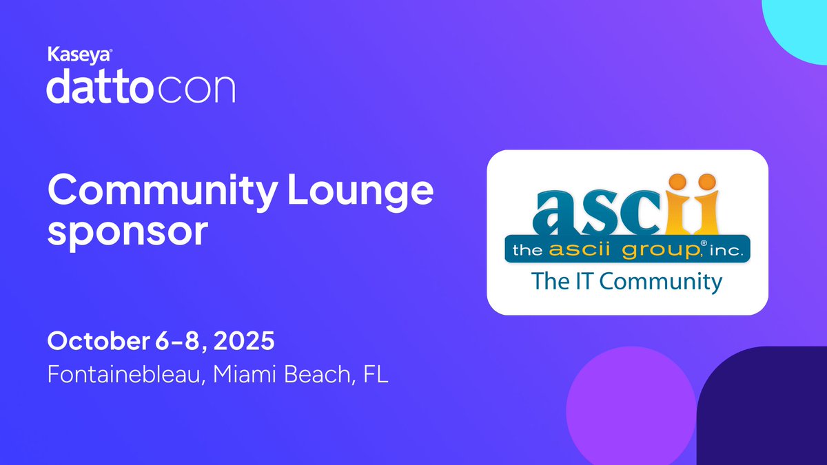 asciigroup's tweet photo. ASCII is a proud sponsor of the Community Lounge at #DattoCon in Miami! Join us there with our members and learn more about the value of community. Don’t miss our session, Don’t Go It Alone: The Real ROI of Community, on Wednesday, October 8, 7:45–8:15 a.m.
#GrowWithASCII https://t.co/gsVVe4ElMO
