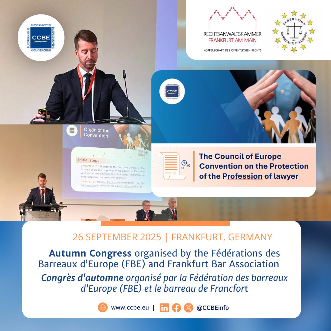 Aujourd'hui, le premier vice-président du CCBE, <a href="/RZavrsek/">Roman Završek</a>, s'est exprimé lors du congrès organisé par la Fédération des barreaux d'Europe et le barreau de Francfort, mettant en avant la Convention sur la protection de la profession d'avocat.

🔎Infos : ccbe.eu/fileadmin/spec…