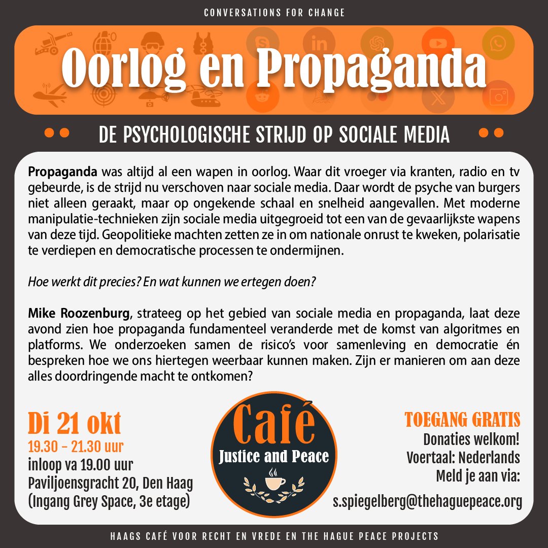 Welkom alle op dinsdagavond 21 oktober bij deze lezing/discussie over de rol van sociale media bij #oorlogspropaganda!
.. eXtra interessant dus voor twitteraars/ X-ers.. :
Hoe word je gemanipuleerd op dit medium? 

Toegang vrij, aanmelden wordt op prijs gesteld!