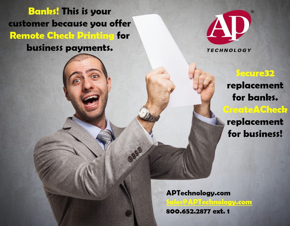 APTpay's tweet image. Banks, get business customers #RemoteCheckPrinting for faster payments and fewer trips to the bank. Ask about #Secure32 replacement. Businesses, get your #CreateACheck replacement here.  #APTechnology for automated payment issuance.
aptechnology.com/replacesecure-…