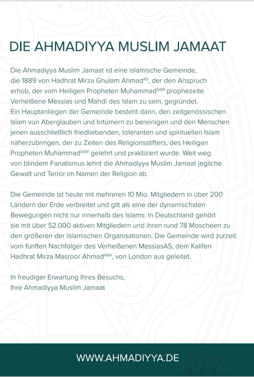 Auch dieses Jahr öffnen wir die Türen unserer Moschee für euch!
Am Freitag, 3. Oktober, laden wir herzlich zum Tag der offenen Tür in die Bait-un-Naseer Moschee, Augsburg (Donauwörther Str. 165) ein.
Wir freuen uns auf Begegnungen, Gespräche &amp; gemeinsamen Austausch!
#TDOT2025
