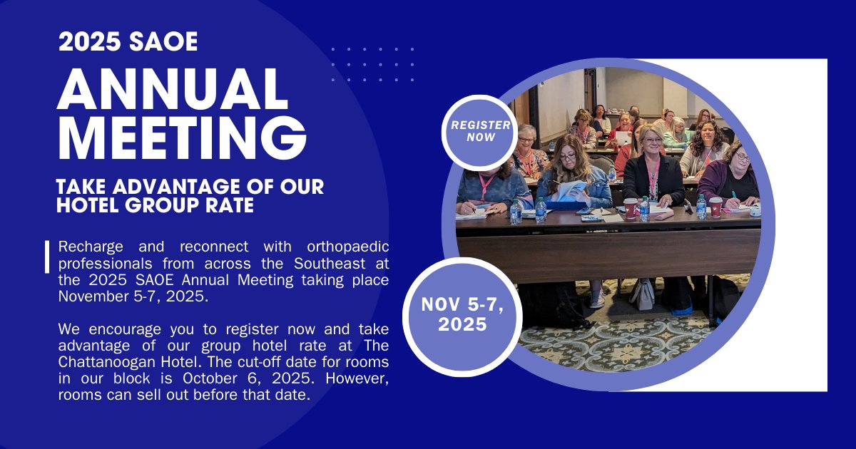 Register for the 2025 SAOE Annual Meeting and take advantage of our group rate at The Chattanoogan Hotel by October 6th.

Featuring specialized content tracks for coding staff, emerging leaders, &amp; senior leaders, the meeting offers something for everyone: saoe.org/annual-meeting