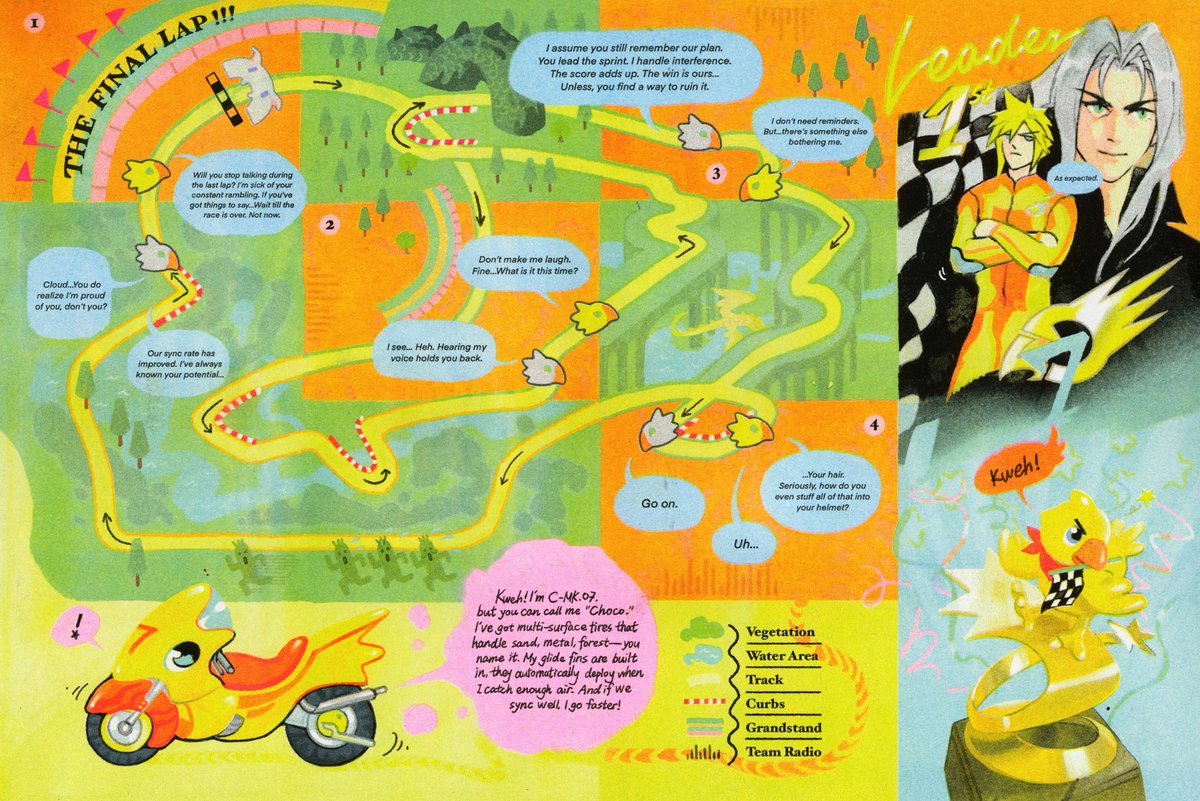 #sefikura Cloud and Seph racing ChocoGP together as teammates back in 1997.  A seven-color experimental risograph project I finished a while ago!