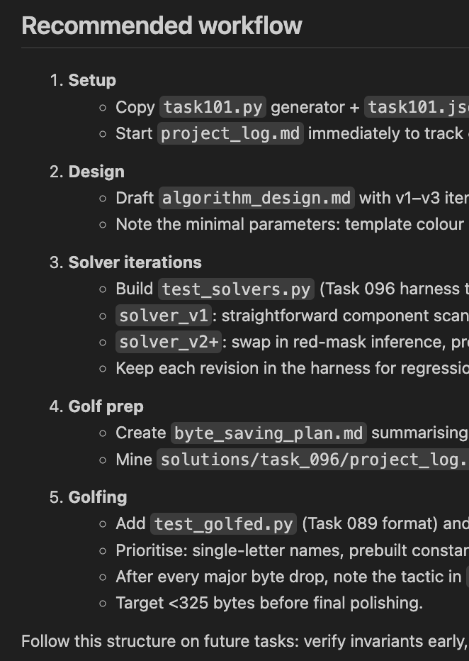 bag_of_ideas's tweet image. As I am working through the tasks for #NeurIPS2025 arc-agi codegolf, @mmoffitt I am also experimenting developing an agent that can take a puzzle and work through to build a solution. Making very good progress with @openai #codex with gpt5-medium! @thsottiaux
While the result…