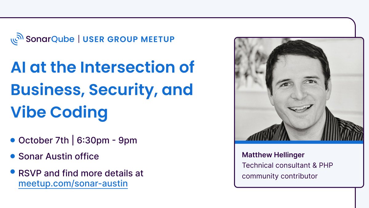 SonarSource's tweet image. Austin devs! 🤠 Ready to tackle AI’s impact on #CodeSecurity and #DevProductivity?
Join the #SonarQube User Group for a deep dive into using AI safely & effectively in your workflows. Great chats, networking, and pizza await! 🍕
RSVP: bit.ly/42xKp0H
#SonarUserGroup