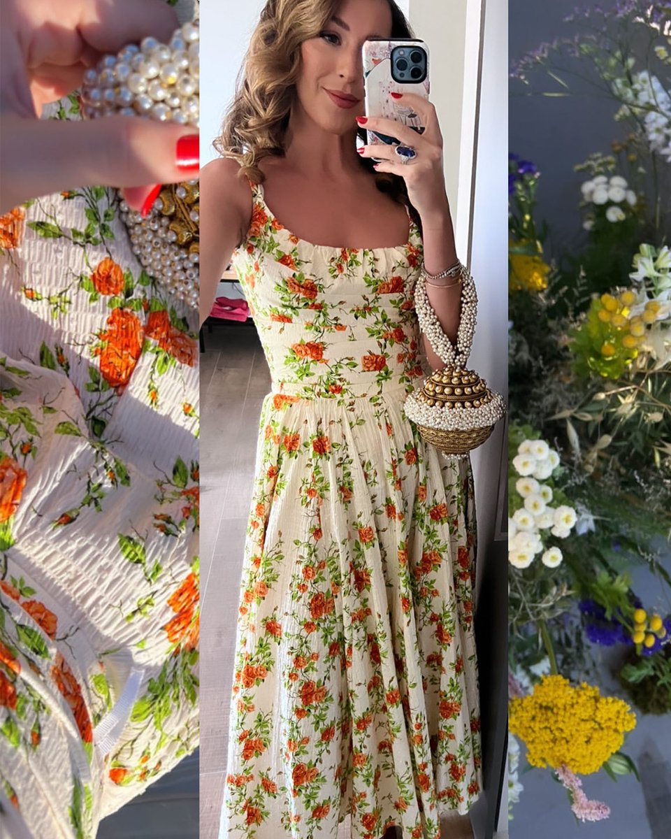 Holding on to Wedding Season 💒🌼🌹 The Sana Edit styles the prettiest Wedding guest look with our 'Simi Pearl' clutch and floral Emilia Wickstead dress ✨ #MaeCassidy #SimiPearl #WeddingGuest