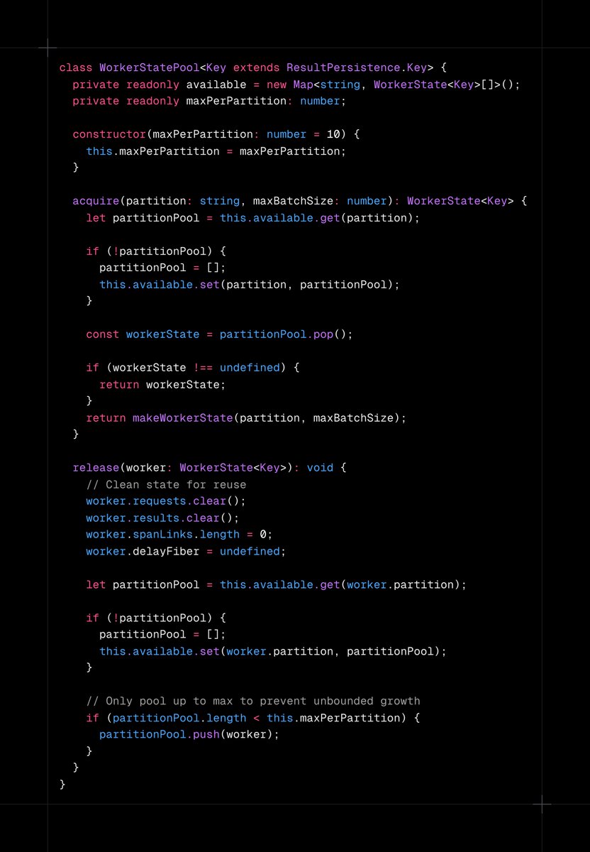 dillon_mulroy's tweet image. one of the optimizations we used for vercel.domains is resource pooling. a technique not often seen or utilized in the typescript/node world.
b/c of how high through put the server needs to be, we need to reduce as much pressure on the garbage collector as possible