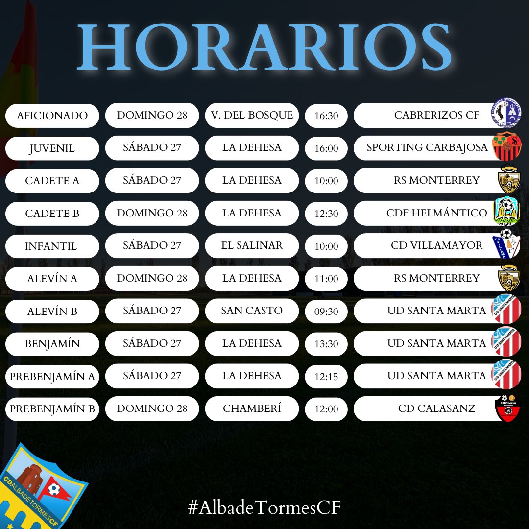 ⏰ HORARIOS | Estos son los horarios de los partidos que disputaremos este primer fin de semana de competición para nuestro fútbol base.

¡Vamos Blancos! 🤍

#albadetormescf
