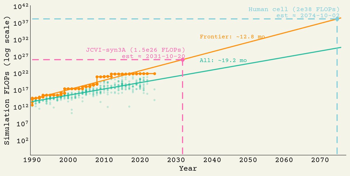 andrewwhite01's tweet image. I finished my estimate on required compute to make an atomic-resolution virtual cell: 10^38 FLOPs to simulate a human cell for 1 day. We should be able to do this simulation in 2074 using 200 TW of power. 1/3