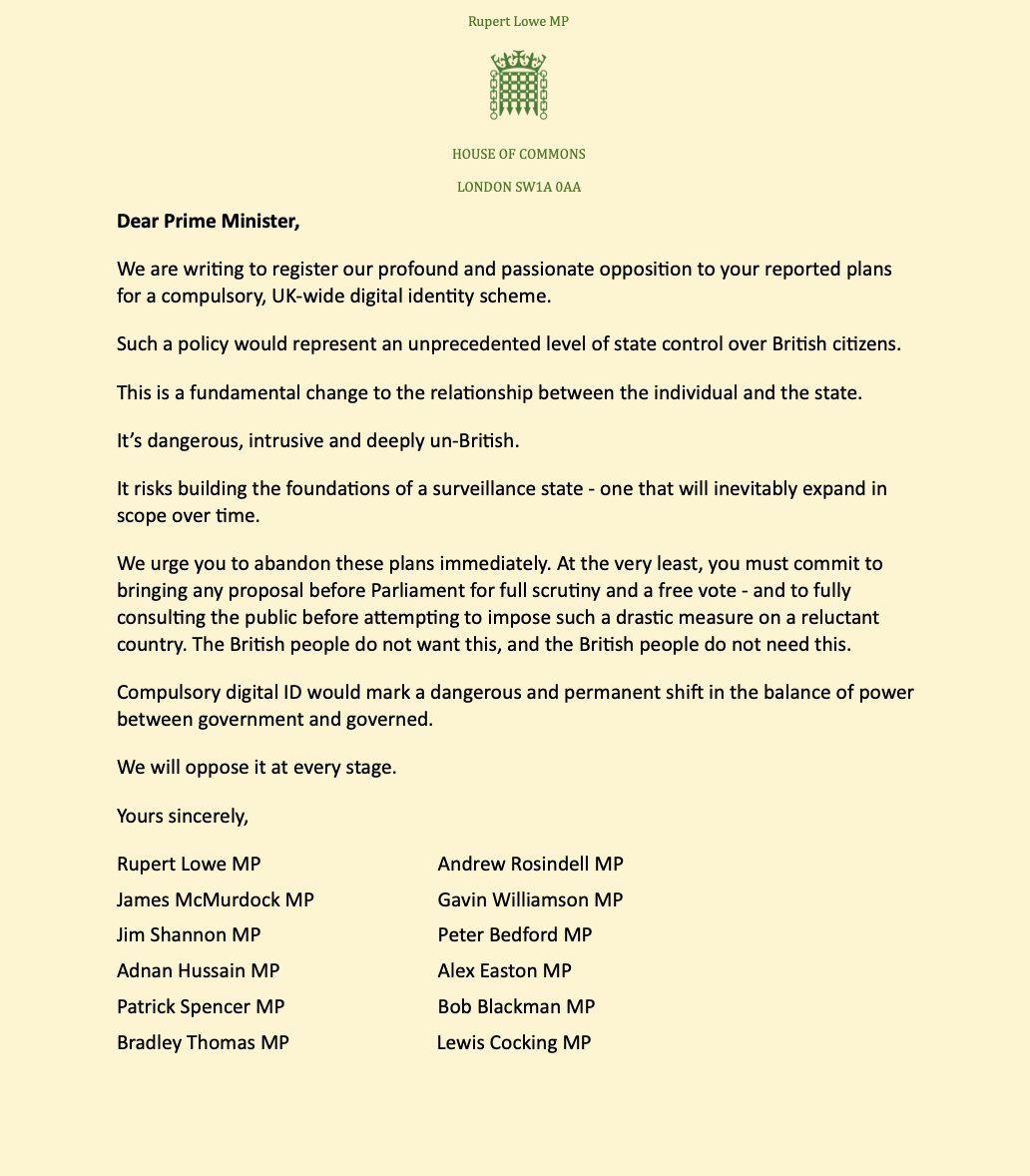 Pleased to have organised this cross-party letter from MPs today outlining our concerns about Starmer's plan to impose Digital ID.

I urge all MPs against this policy to put aside any political differences and come together in order to fight.

This is bigger than any of us.